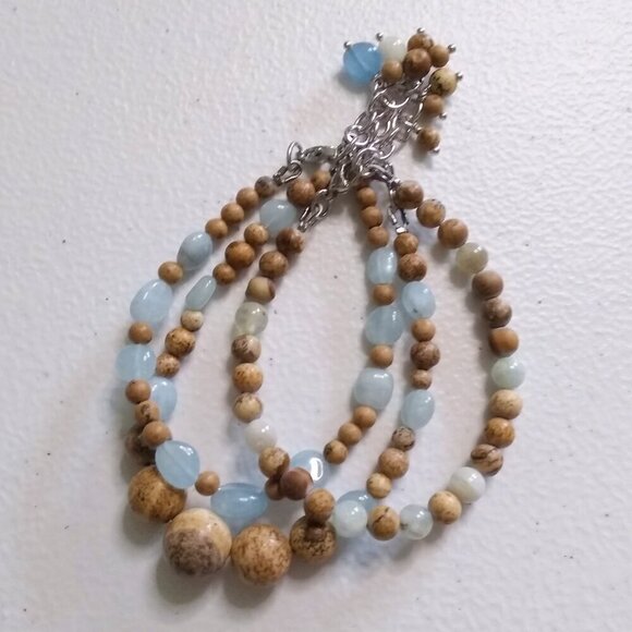 Marvelous 3 Bracelet Set! Aquamarine & Calm Desert Jasper Beads - Adjustable 7"+ - Picture 6 of 12